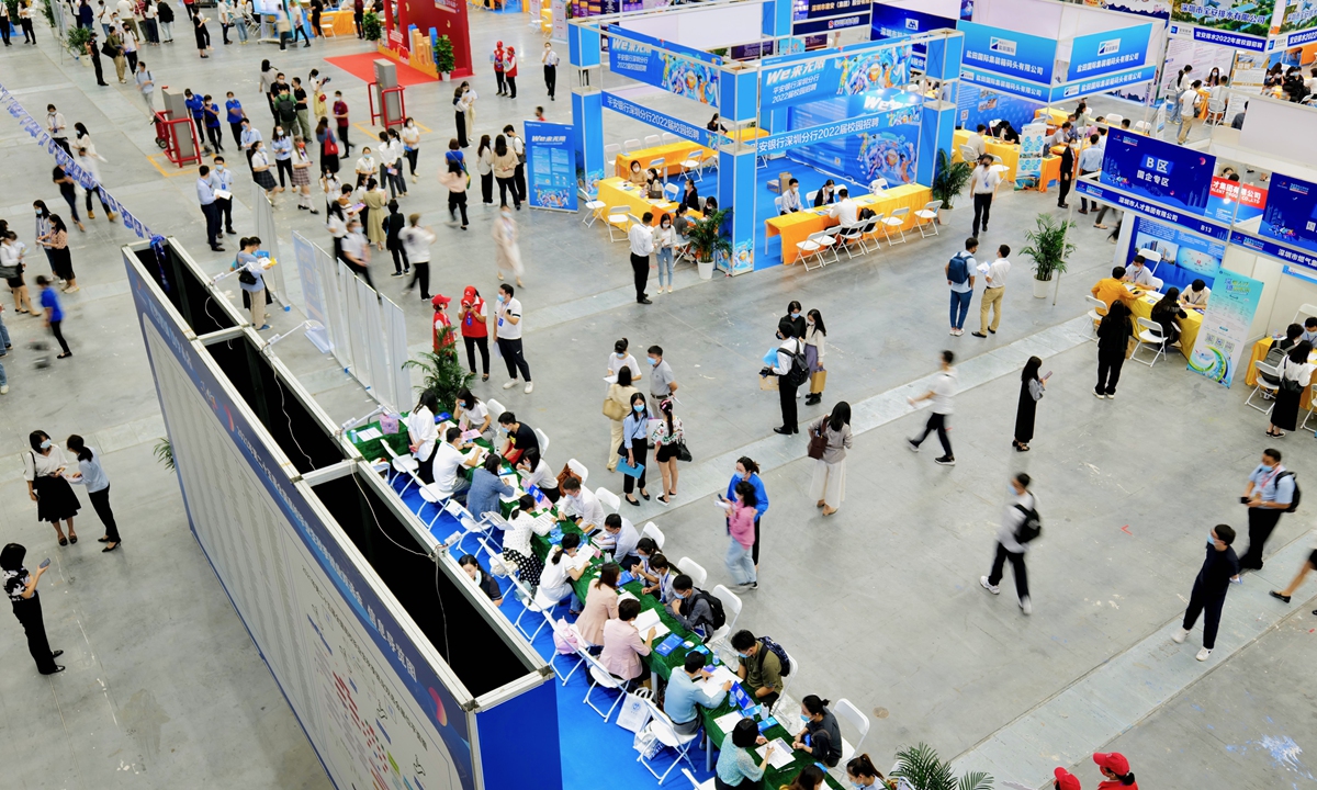 A view of a job fair for college students in an exhibition center in Shenzhen, South China's Guangdong Province on October 10, 2021 Photo: cnsphoto