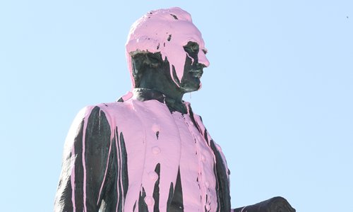 The statue of Captain James Cook in Catani Gardens, St Kilda, is seen vandalized on Thursday in Melbourne, Australia following debate about changing Australia Day from January 26. Some indigenous Australians prefer to refer to the official national day as Invasion Day. Photo: IC