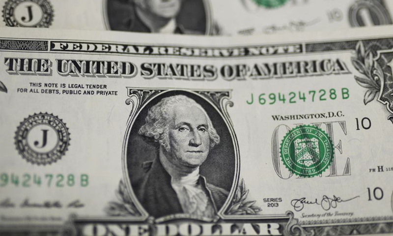 Photo taken on Sep 18, 2019 shows US dollar banknotes in Washington DC, the United States. File photo:Xinhua