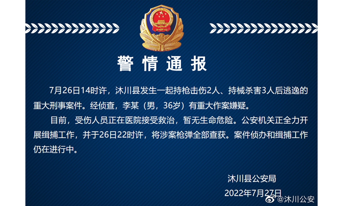 Photo: The notice released by Muchuan public security bureau
