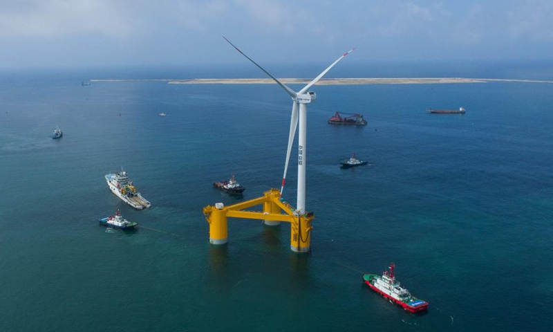 Aerial photo taken on May 27, 2022 shows a deep-sea floating wind power equipment Fuyao in Maoming, south China's Guangdong Province.Photo:Xinhua