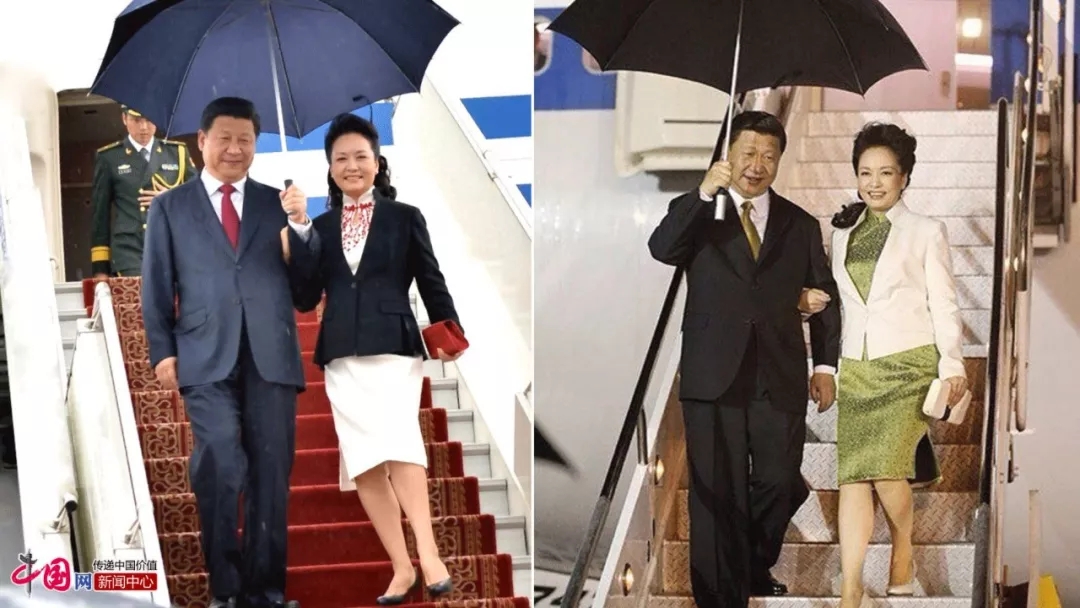 (Left) Xi Jinping holds an umbrella for Peng Liyuan as they walk down the ramp at the airport in Ulan Bator, Mongolia on August 21, 2014. (Right) Xi Jinping holds an umbrella for Peng Liyuan as they walk down the ramp at the airport in Trinidad and Tobago on May 31, 2013. [File Photo: china.org.cn]