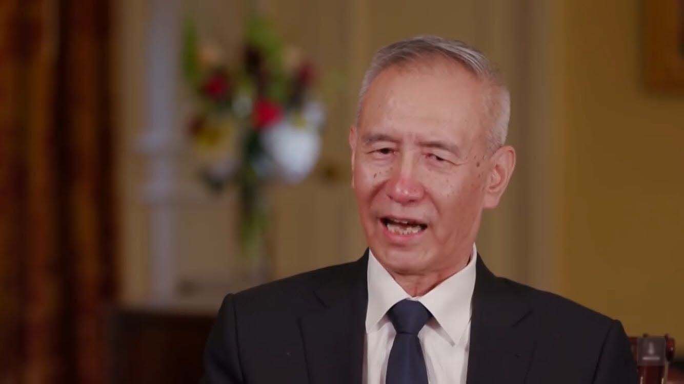 A screenshot from a CGTN video shows Liu He in an interview. [Screenshot: China Plus]