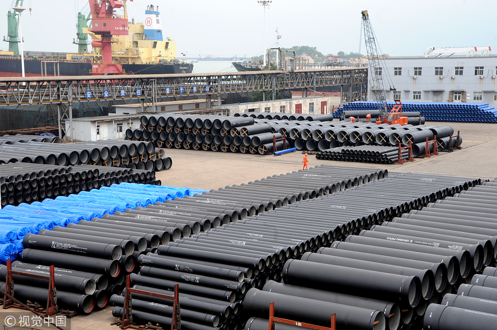 Domestically-produced cast-steel pipes ready for shipment in Jiangsu Province on June 30, 2018. [Photo: VCG] 