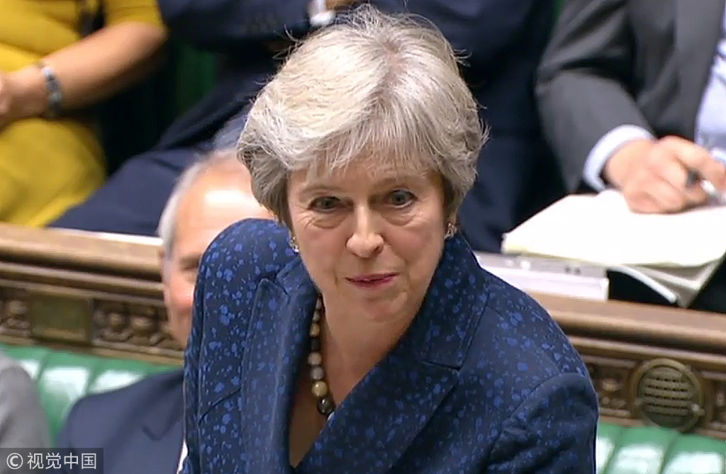A video grab from footage broadcast by the UK Parliament's Parliamentary Recording Unit (PRU) shows Britain's Prime Minister Theresa May address MPs during the weekly Prime Minister's Questions (PMQs) in the House of Commons in London on September 12, 2018. [Photo: VCG]