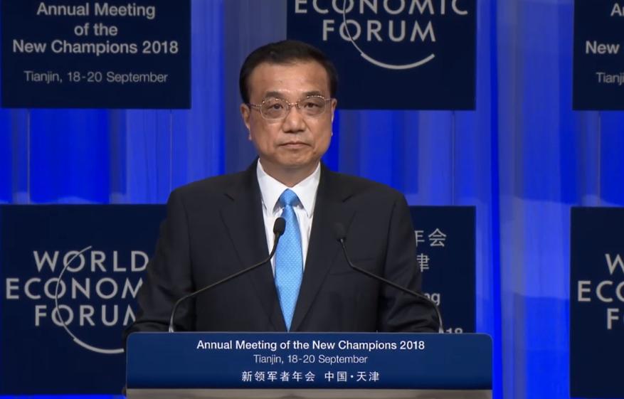 Chinese Premier Li Keqiang delivered a speech at the Summer Davos in north China's Tianjin Municipality. [Photo: CGTN]