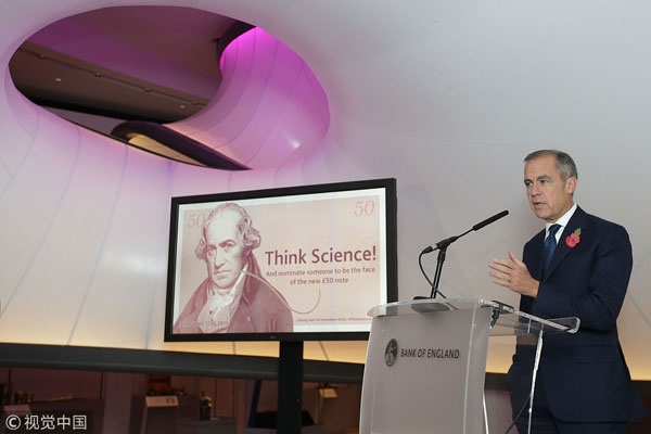 Bank of England Governor Mark Carney speaks during the announcement of the new polymer £50 note, at the Science Museum, Kensington, London. The new £50 note will feature a prominent British scientist, and members of the public are being asked to come up with nominations. [Photo: VCG]