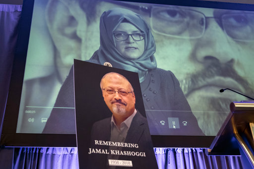 A video image of Hatice Cengiz, fiancee of slain Saudi journalist Jamal Khashoggi, is played during an event to remember Khashoggi, who was killed inside the Saudi Consulate in Istanbul on Oct. 2, in Washington. [File photo：AP]