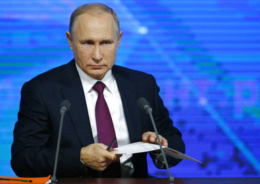 Russian President Vladimir during his annual news conference in Moscow, Russia, Thursday, Dec. 20, 2018. Speaking at news conference Thursday, Putin pointed at the U.S. intention to withdraw from the 1987 Intermediate-Range Nuclear Forces (INF) Treaty, saying that if the U.S. puts intermediate-range missiles in Europe, Russia will be forced to take countermeasures. [Photo: AP]