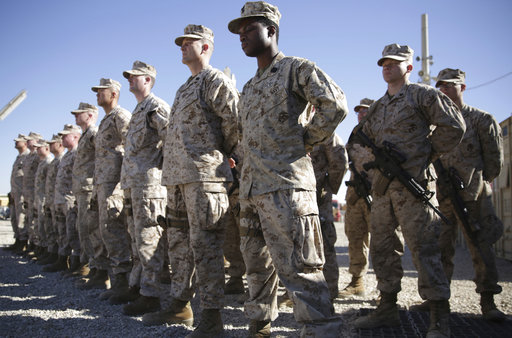 In this Jan. 15, 2018 file photo, U.S. Marines stand guard during the change of command ceremony at Task Force Southwest military field in Shorab military camp of Helmand province, Afghanistan. The Pentagon is developing plans to withdraw up to half of the 14,000 American troops serving in Afghanistan, U.S. officials said Thursday, Dec. 20, 2018, marking a sharp change in the Trump administration's policy aimed at forcing the Taliban to the peace table after more than 17 years of war.[File Photo:AP]