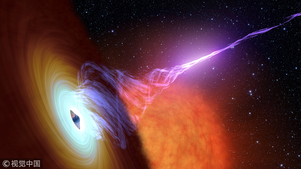 File Photo: This photo released October 30, 2017 shows a black hole with an accretion disk, a flat structure of material orbiting the black hole, and a jet of hot gas, called plasma. [Photo: VXG]