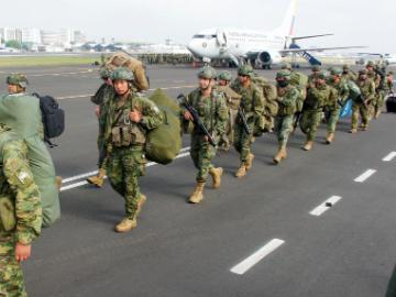 Members of Ecuadorian Armed Forces arrive at military airbase in Guayaquil, Ecuador