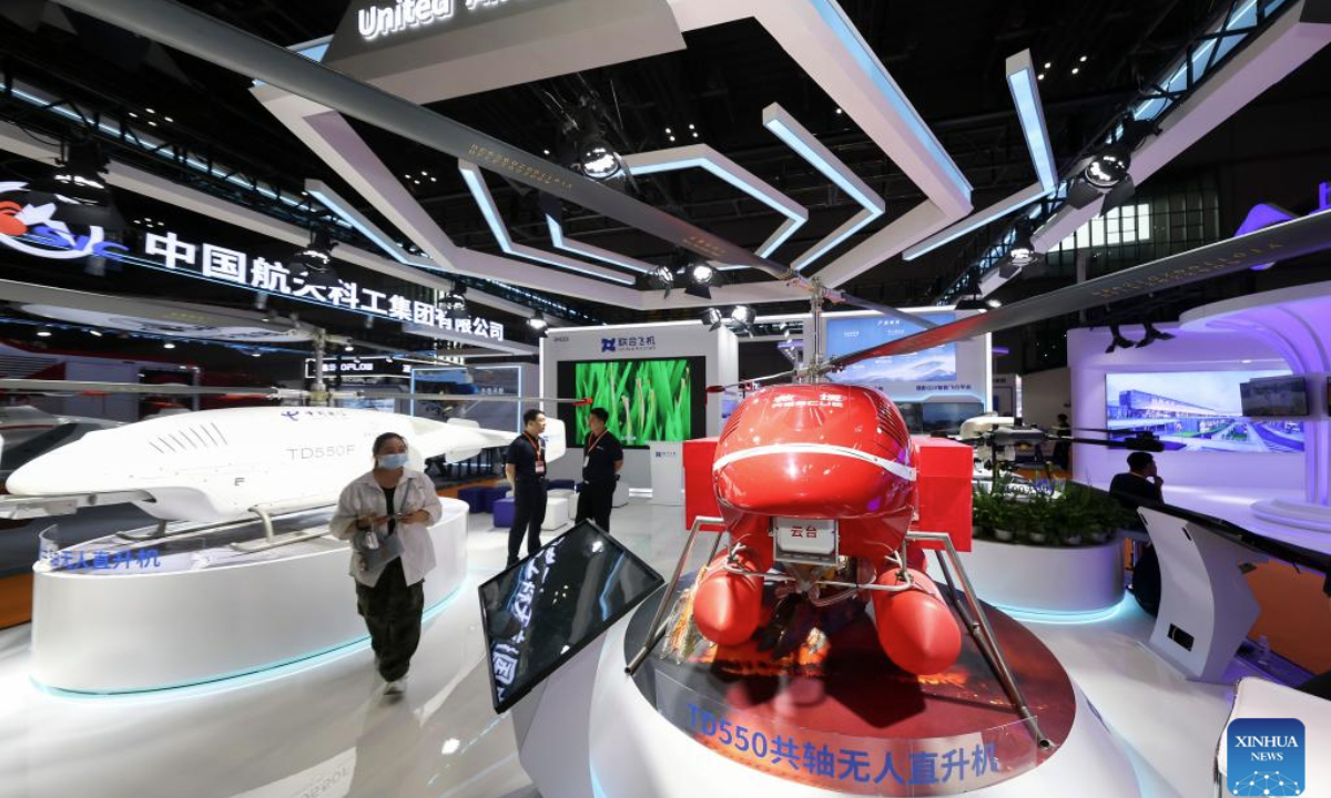 This photo taken on May 13, 2025 shows an unmanned helicopter used for emergency rescue at the booth of Chinese UAV enterprise United Aircraft at the fourth Yangtze River Delta International Emergency Disaster Reduction and Rescue Expo in Shanghai, east China. Over 3,000 cutting-edge equipment and technologies are on display at the expo.With an exhibition area of approximately 60,000 square meters, this year's expo, which runs from Tuesday to Thursday, has attracted over 500 leading companies from nearly 20 countries and regions. (Xinhua/Wang Xiang)