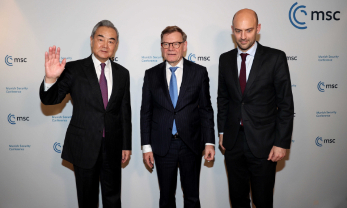 Chinese Foreign Minister Wang Yi meets with German Foreign Minister Johann Wadephul and French Foreign Minister Jean-Noel Barrot on February 13, 2026 on the sidelines of the 2026 Munich Security Conference. Photo: website of Chinese Foreign Ministry