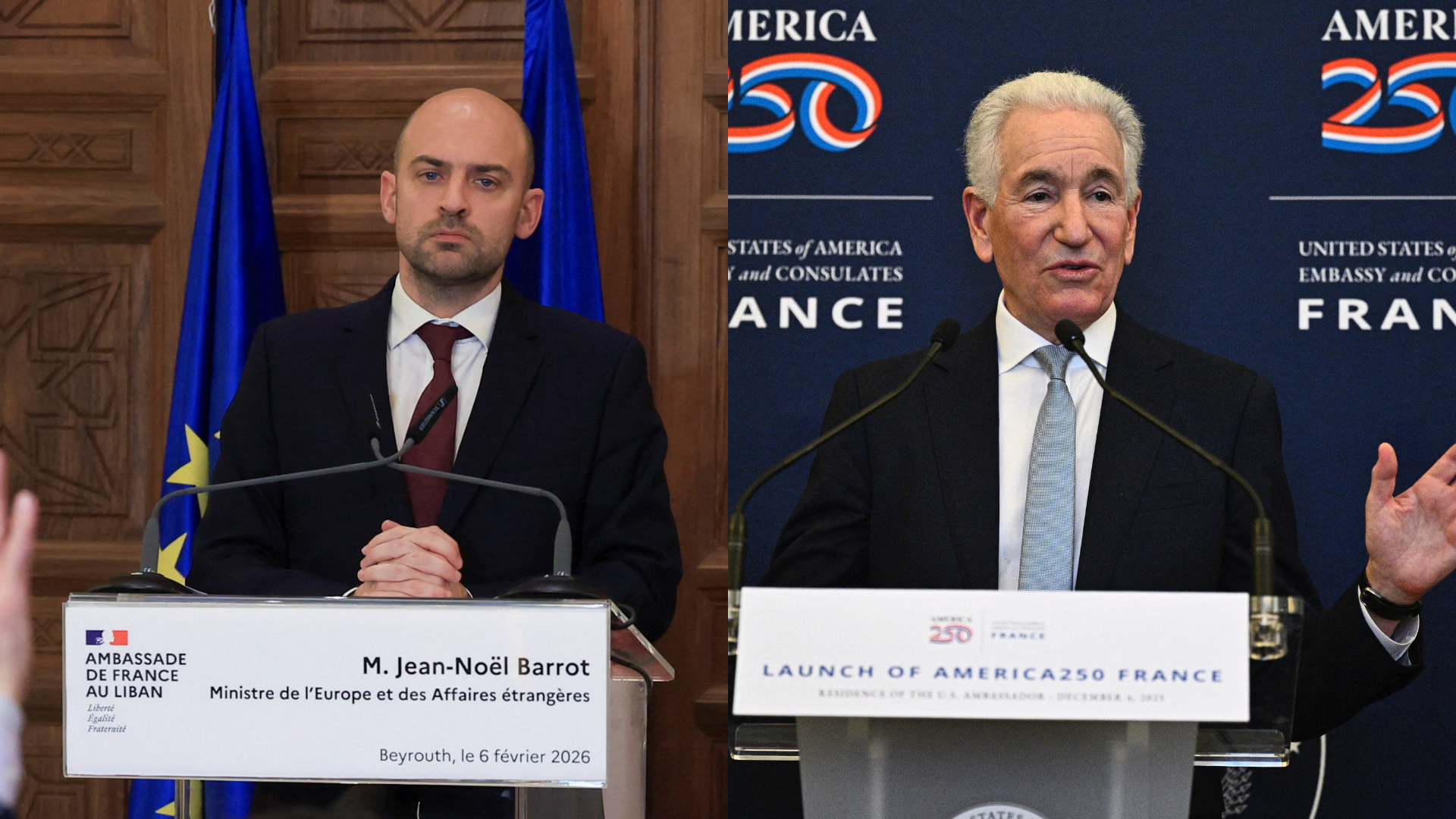 France's Barrot (L) has demanded an explanation from US ambassador Kushner (R) over his no-show. /Mohamed Azakir/Reuters and Julien Rosa/AFP