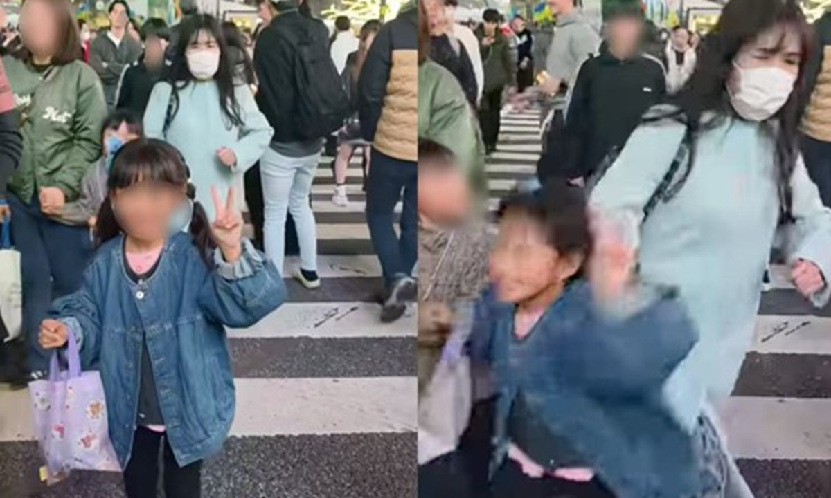 Screenshots from a video clip show a young girl from Taiwan island being deliberately knocked down by a woman at a crossing in Tokyo's Shibuya, Japan. 