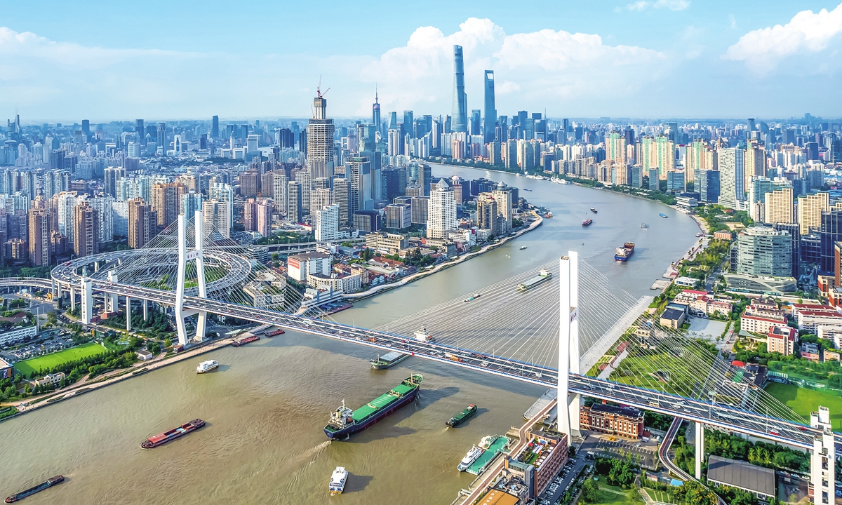 Aerial view of Nanpu Bridge and Huangpu River in Shanghai Photo: VCG