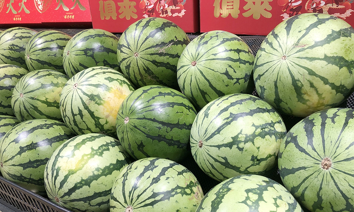 Watermelons from South China's Hainan Province are displayed in a supermarket in Changzhou, East China's Jiangsu Province, on March 8, 2026. Photo: VCG