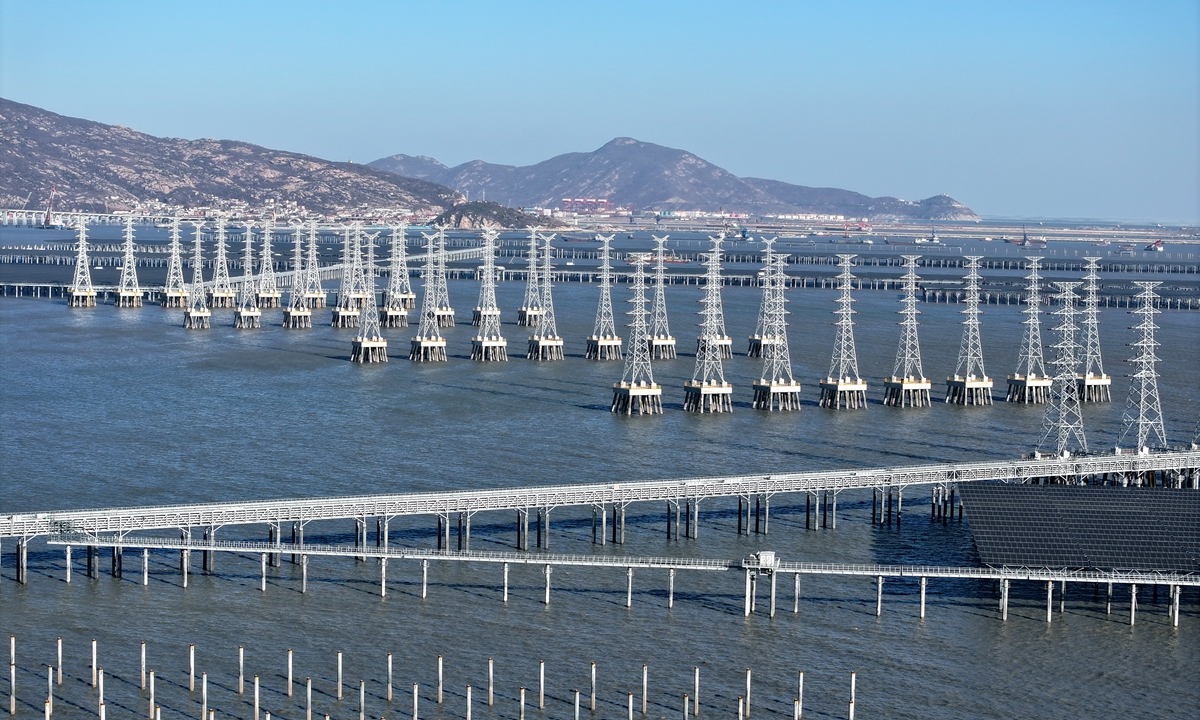 China's largest offshore photovoltaic (PV) project, the CNNC Tianwan 2 million kilowatt tidal flat PV demonstration project, is under construction in the warm discharge waters near the Tianwan Nuclear Power Plant in Lianyungang, East China's Jiangsu Province, on January 11, 2026. Developed by CNNP Rich Energy Co under the CNNC, the project involves an investment of 9 billion yuan ($1.29 billion) and covers 1,875.77 hectares. Photo: VCG
