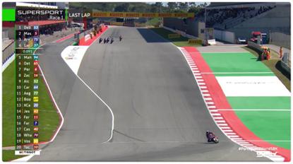 A screenshot from the final lap of Race 1 at the FIM Supersport World Championship Portuguese Round, showing Valentin Debise riding for ZXMoto leading the pack. Photo: Courtesy of WorldSSP 