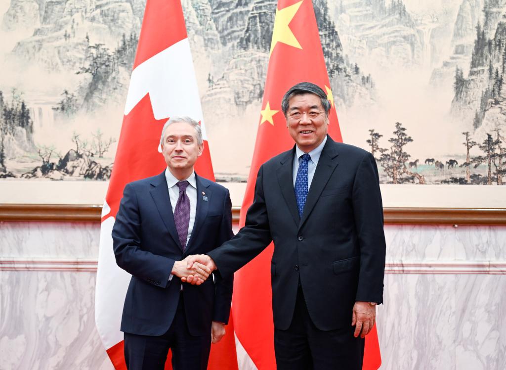 Chinese Vice Premier He Lifeng, China's lead person in the China-Canada Economic and Financial Strategic Dialogue, meets with Canadian Finance Minister Francois-Philippe Champagne, the Canadian co-leader of the dialogue, in Beijing, capital of China, April 3, 2026. (Xinhua/Zhang Ling)

