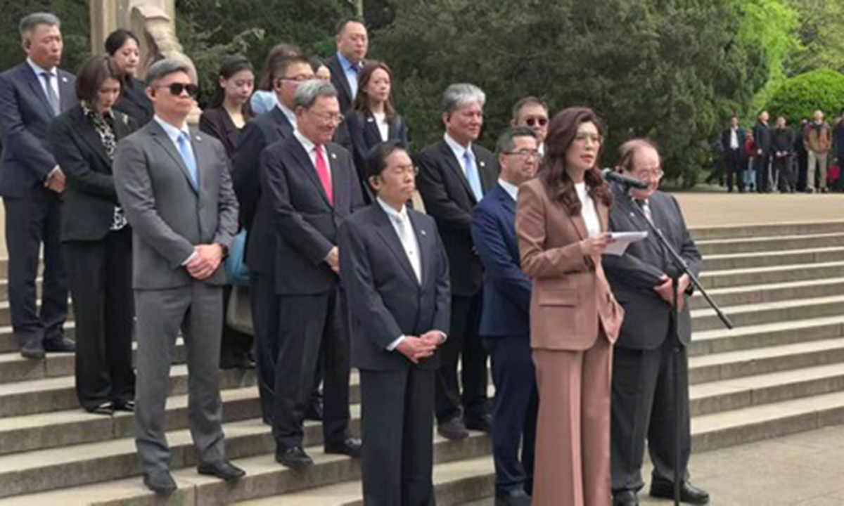 Cheng Li-wun, chairwoman of the Chinese Kuomintang (KMT), delivers a speech during a visit to the Sun Yat-sen Mausoleum in Nanjing, East China's Jiangsu Province, on April 8, 2026, as she leads a KMT delegation to pay homage. Photo: Zhang Shuo/ People's Daily