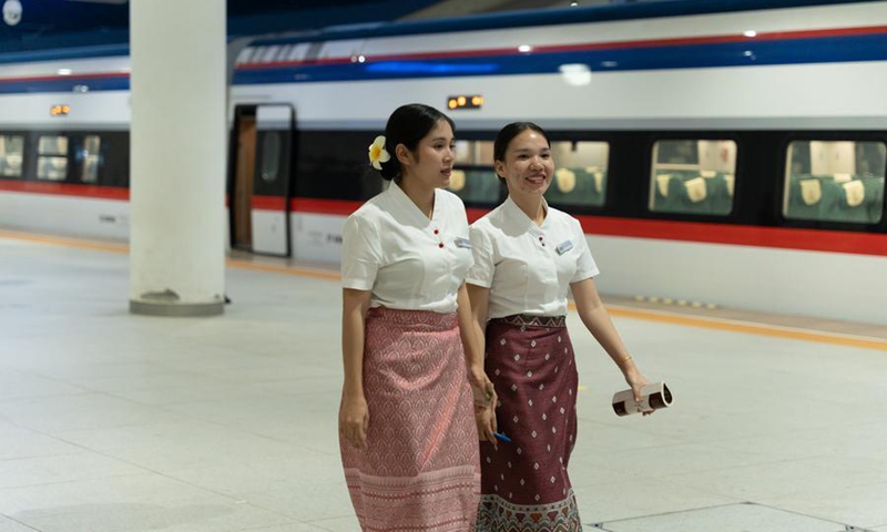 Staff members work at the Luang Prabang Station of the China-Laos Railway in Luang Prabang, Laos, Oct. 11, 2025.(Photo by Kaikeo Saiyasane/Xinhua)