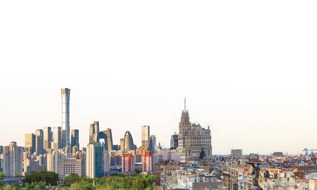 Aerial views of the cityscape of Beijing, China (left) and Madrid, Spain Photos: VCG