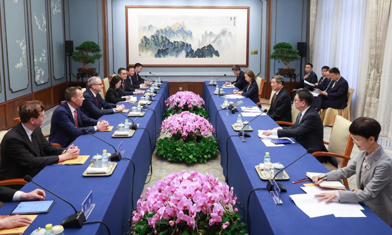 Chinese Vice Premier He Lifeng, also a member of the Political Bureau of the Communist Party of China Central Committee, meets with Peter J. Arduini, president and CEO of GE HealthCare, in Beijing, capital of China, April 21, 2026. (Xinhua/Wang Ye)

