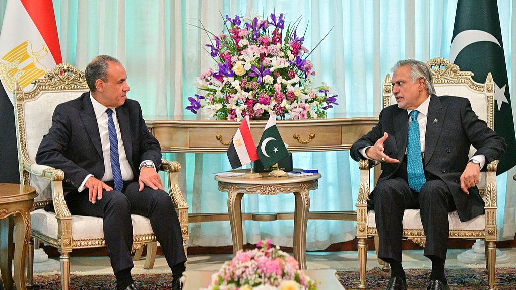 Pakistani Deputy Prime Minister and Foreign Minister Ishaq Dar (right) held talks with Egyptian Foreign MinisterBadr Abdelattyat the Ministry of Foreign Affairs office in Islamabad, Pakistan, March 29, 2026. /CFP