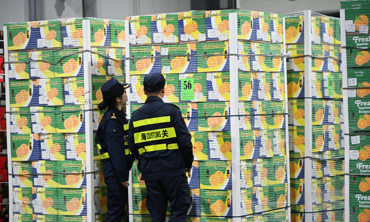 Fresh oranges from Egypt, among the first imports to benefit from China’s zero-tariff policy for all African countries with diplomatic ties, clear customs at the Waigaoqiao Free Trade Zone in Shanghai on May 1, 2026. Photo: VCG