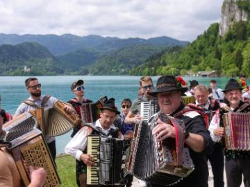 Participants play accordion during accordion weekend event in Bled, Slovenia