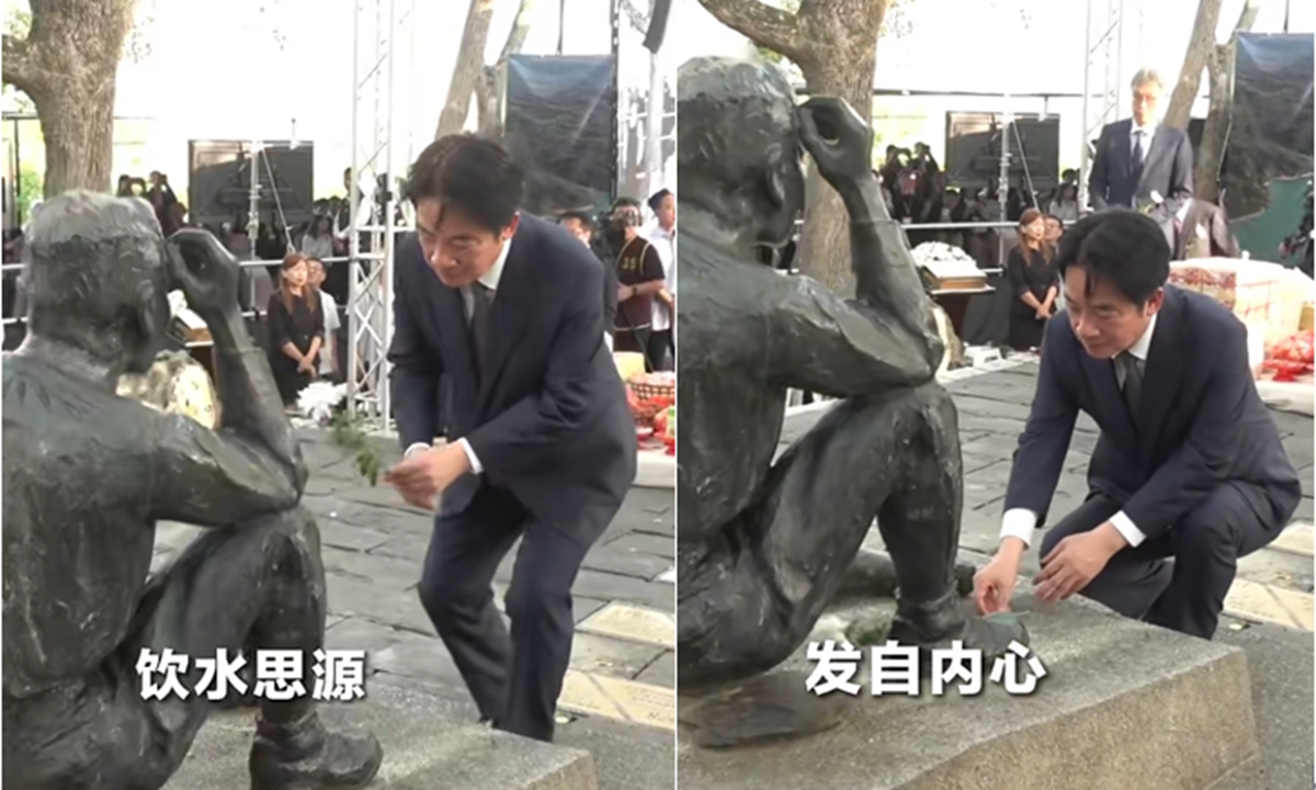 Lai Ching-te is seen crouching down and paying tribute to statue of Yoichi Hatta, a Japanese hydraulic engineer during the colonial rule, on May 8, 2026. Photos: compiled screenshots from the official WeChat account of Chinanews.