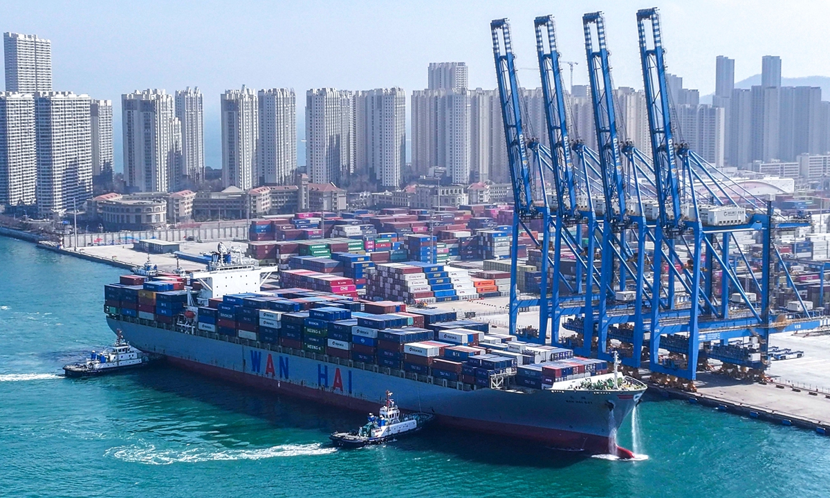 A container vessel is seen at Qianwan Container Terminal of Qingdao Port in Qingdao, East China's Shandong Province on February 25, 2026. Photo: VCG