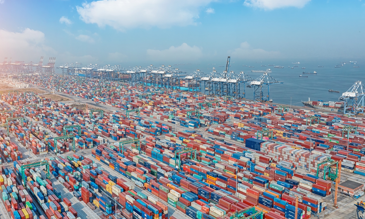 An aerial view of a container terminal in Guangzhou, South China's Guangdong Province Photo: VCG 