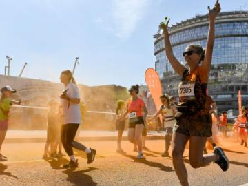 Running enthusiasts participate in color run in Moscow, Russia