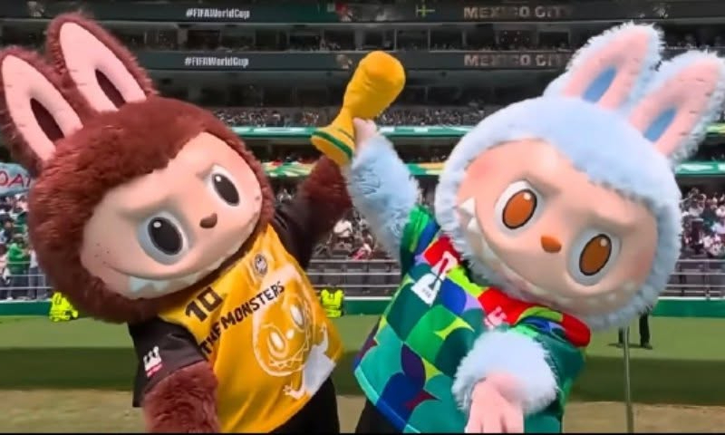 Two Labubu characters wearing football jerseys appear at the opening ceremony of 2026 FIFA World Cup as a special guest in Mexico City, on June 11, 2026.