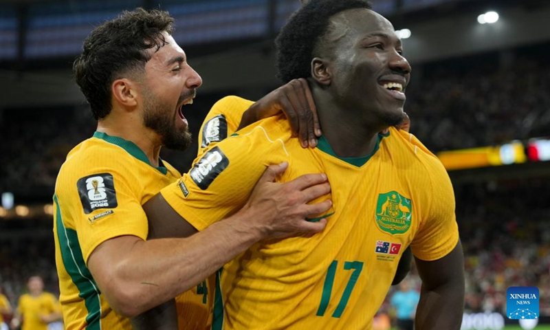 Nestory Irankunda (R) of Australia celebrates his score during the group D match between Australia and Türkiye at the 2026 FIFA World Cup at BC Place Vancouver in Vancouver, Canada, June 13, 2026. (Xinhua/Meng Yongmin)
