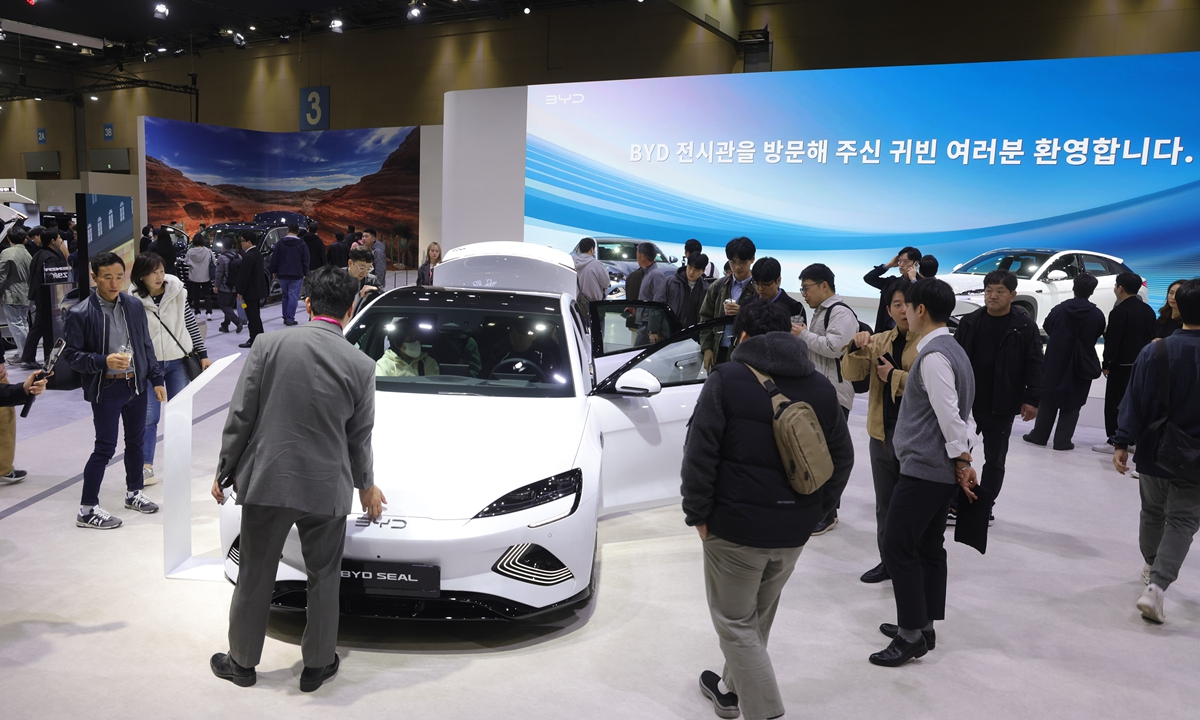 Visitors look at BYD vehicles displayed at the 2025 Seoul Mobility Show in Goyang, Gyeonggi Province, South Korea, on April 4, 2025. Photo: VCG
