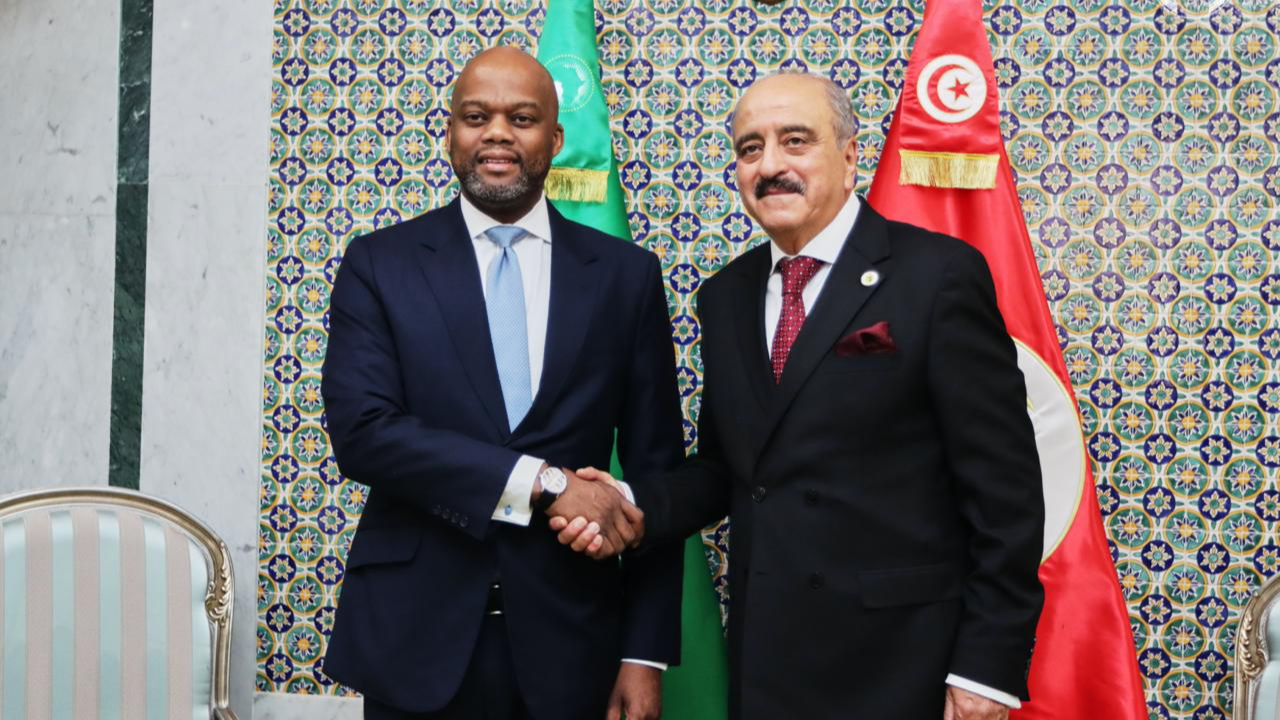 African Continental Free Trade Area Secretary-General Wamkele Mene (left) meets with Tunisia's Minister of Foreign Affairs, Migration and Tunisians Abroad, Mohamed Ali Nafti (right), during a high-level visit to Tunis on June 11–12, 2026. /AfCFTA