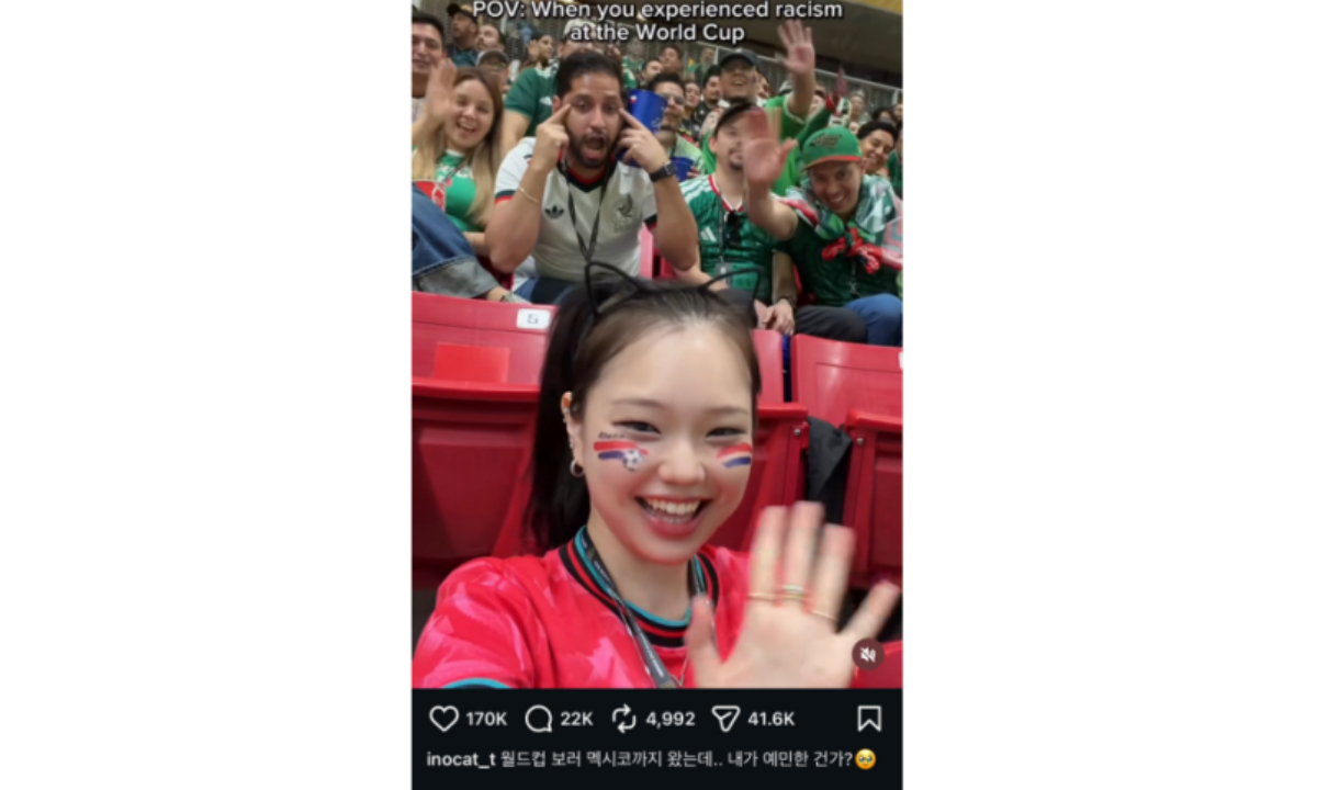 South Korean influencer @inocat_t posts a video on Instagram on June 12, where she was filming herself during a World Cup game when a man seated behind her made a slant-eye gesture to her. Photo: Screenshot from @inocat_t's Instagram account