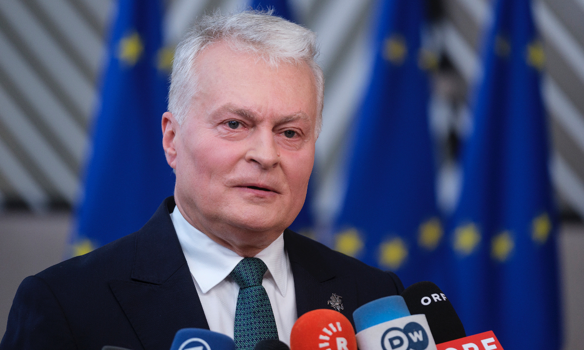 Lithuanian President Gitanas Nauseda talks to media prior the start of an EU Summit in the Europa building on June 18, 2026 in Brussels, Belgium. Photo: VCG