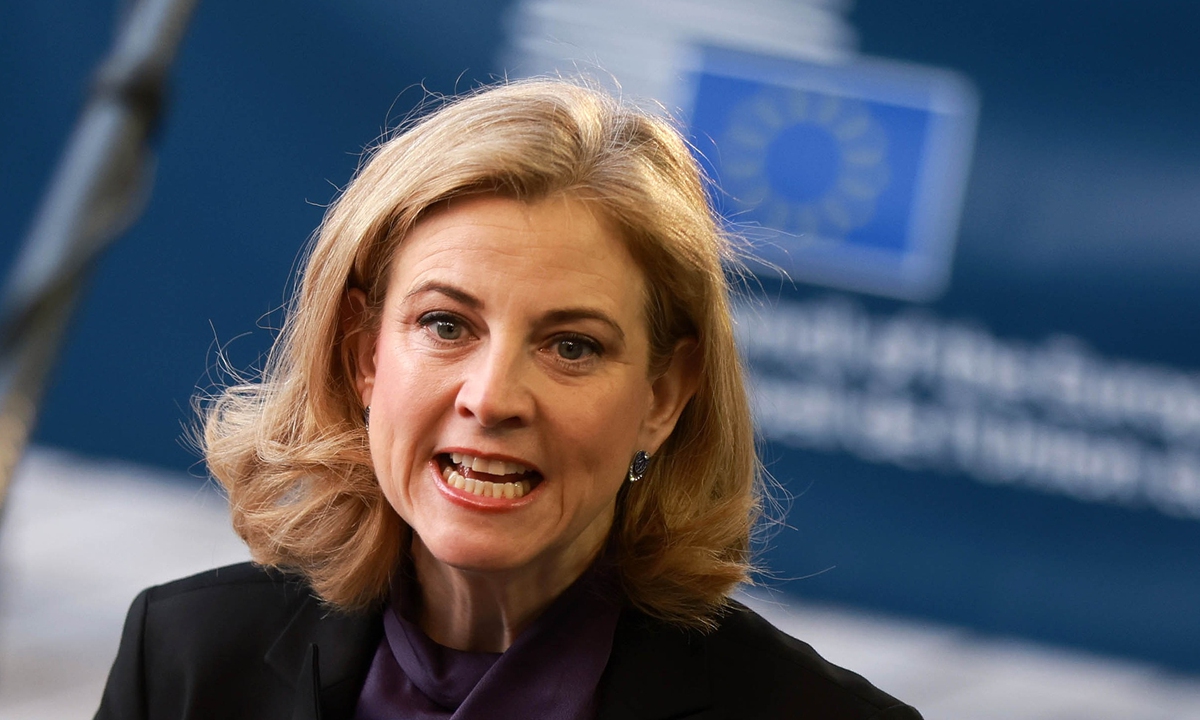 Austrian Foreign Minister Beate Meinl-Reisinger speaks to the media during a European Foreign Affairs Council in Luxembourg City, Luxembourg, 14 April 2025. Photo: VCG