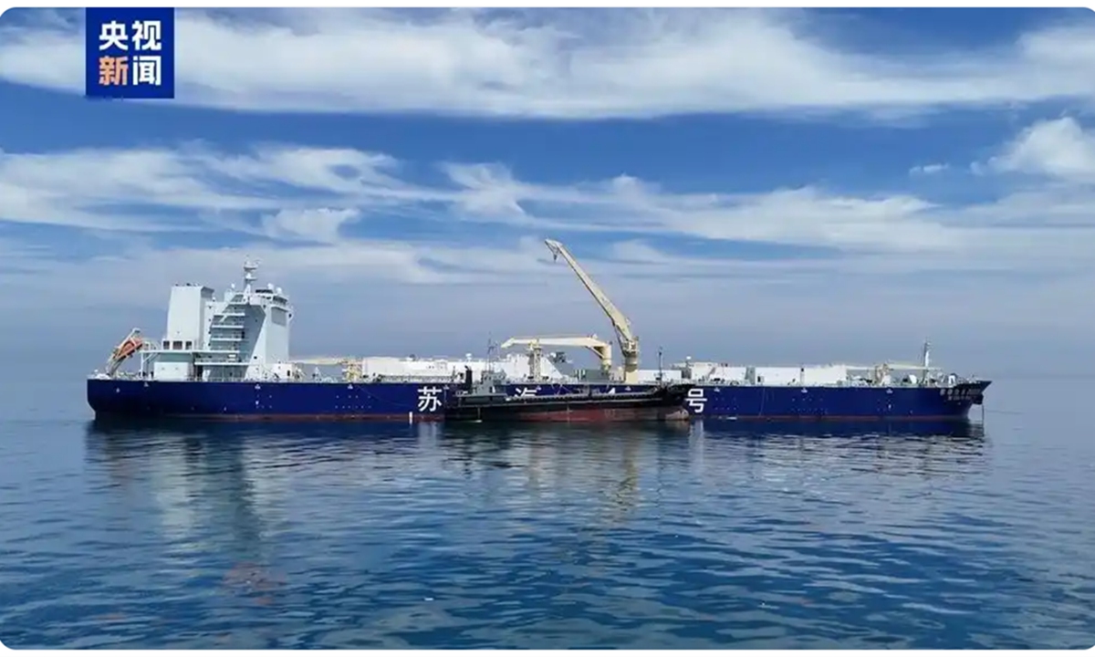 China's first large-scale 100,000-ton-class salmon farming vessel, Su Hai No.1, begins the harvest of its inaugural commercial fish, on June 23, 2026. Photo: CCTV