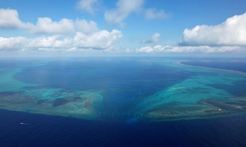 An aerial drone photo taken on May 12, 2026 shows a view of China's Huangyan Dao in the South China Sea. (Xinhua/Chen Bin)