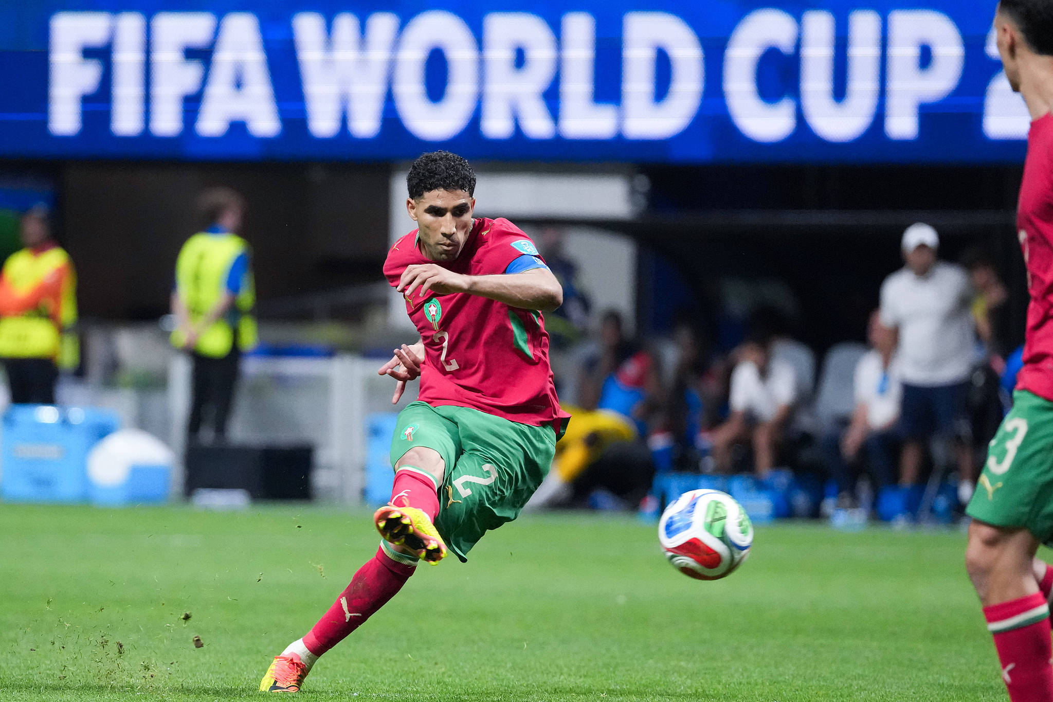 Morocco defender Achraf Hakimi (#2) takes a shot against Haiti in a Group C match at the 2026 FIFA World Cup in Atlanta, Georgia, June 24, 2026. /VCG