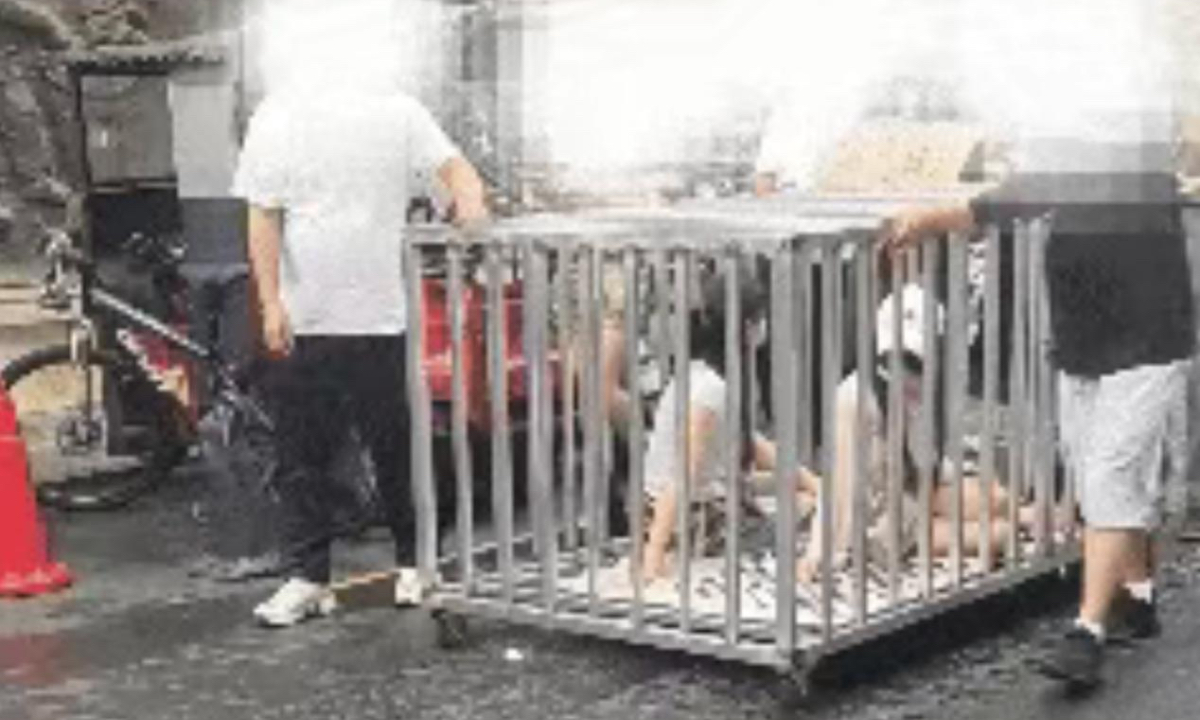 Screenshot of a viral video showing two women being locked in a metal cage and paraded through the street. Local police confirmed it was a staged vulgar stunt aimed at attracting online traffic.