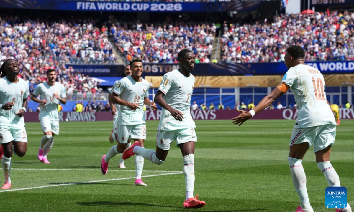 Ousmane Dembele (2nd R) of France celebrates a goal with teammates during the group I match between Norway and France at the 2026 FIFA World Cup at Boston Stadium in Boston, the United States, June 26, 2026. (Xinhua/Chen Yichen)