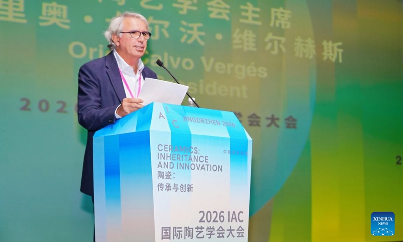 Oriol Calvo Vergés, president of the International Academy of Ceramics (IAC), speaks at the opening ceremony of the 2026 Congress of the International Academy of Ceramics in Jingdezhen, east China's Jiangxi Province, June 28, 2026. The 2026 Congress of the International Academy of Ceramics opened in the eastern Chinese city of Jingdezhen on Sunday, attracting international ceramic artists and experts to explore the theme of Inheritance and Innovation. (Xinhua)

