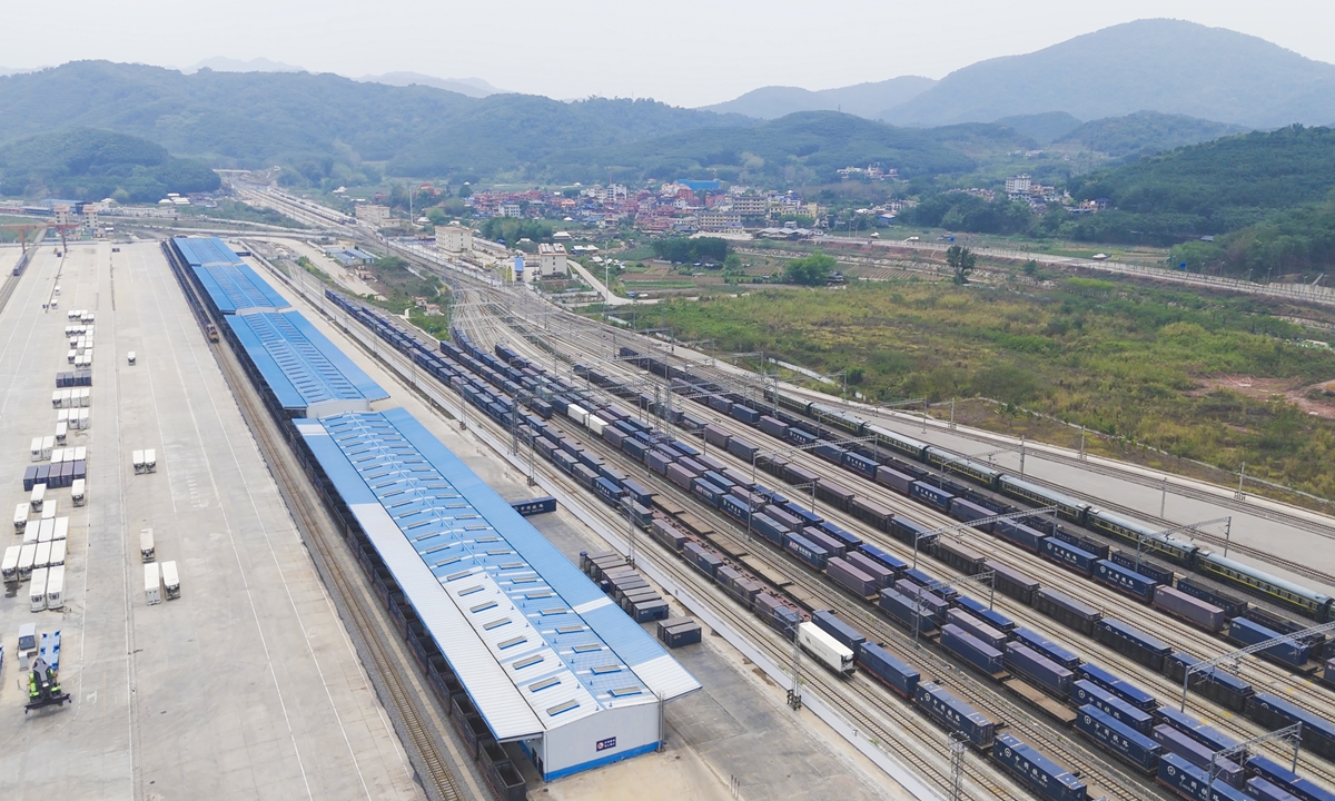Cargo trains park at a train depot along the China-Laos Railway in April, 2026. Photo: Courtesy of China Railway Kunming Group Co